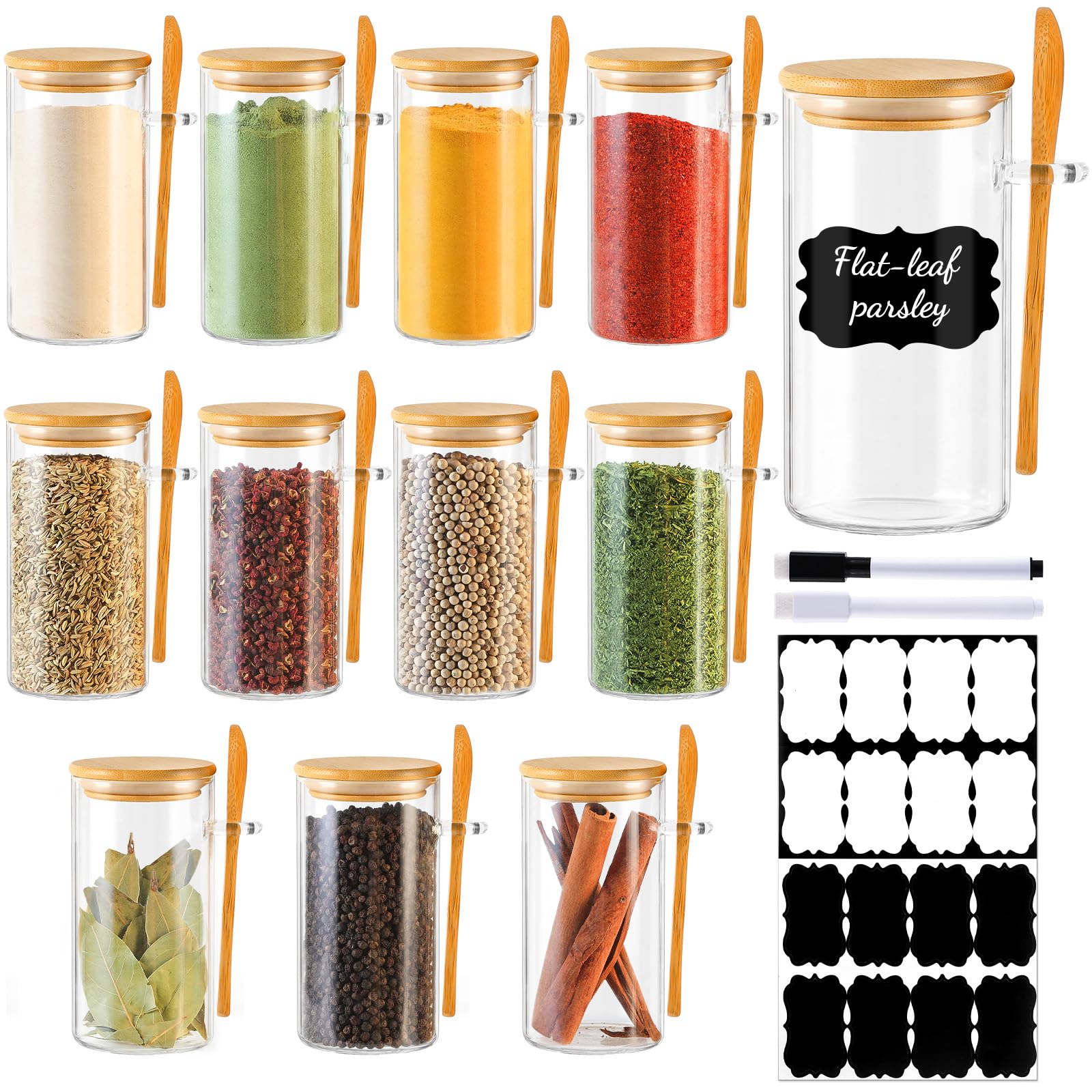 TBWIND 12 Pack 10 oz Round Glass Spice Jars with Lids and Spoons – Airtight Small Spice Containers Set with Labels, Clear Glass Storage Jars for Seasoning, Spices, Kitchen Pantry Organization